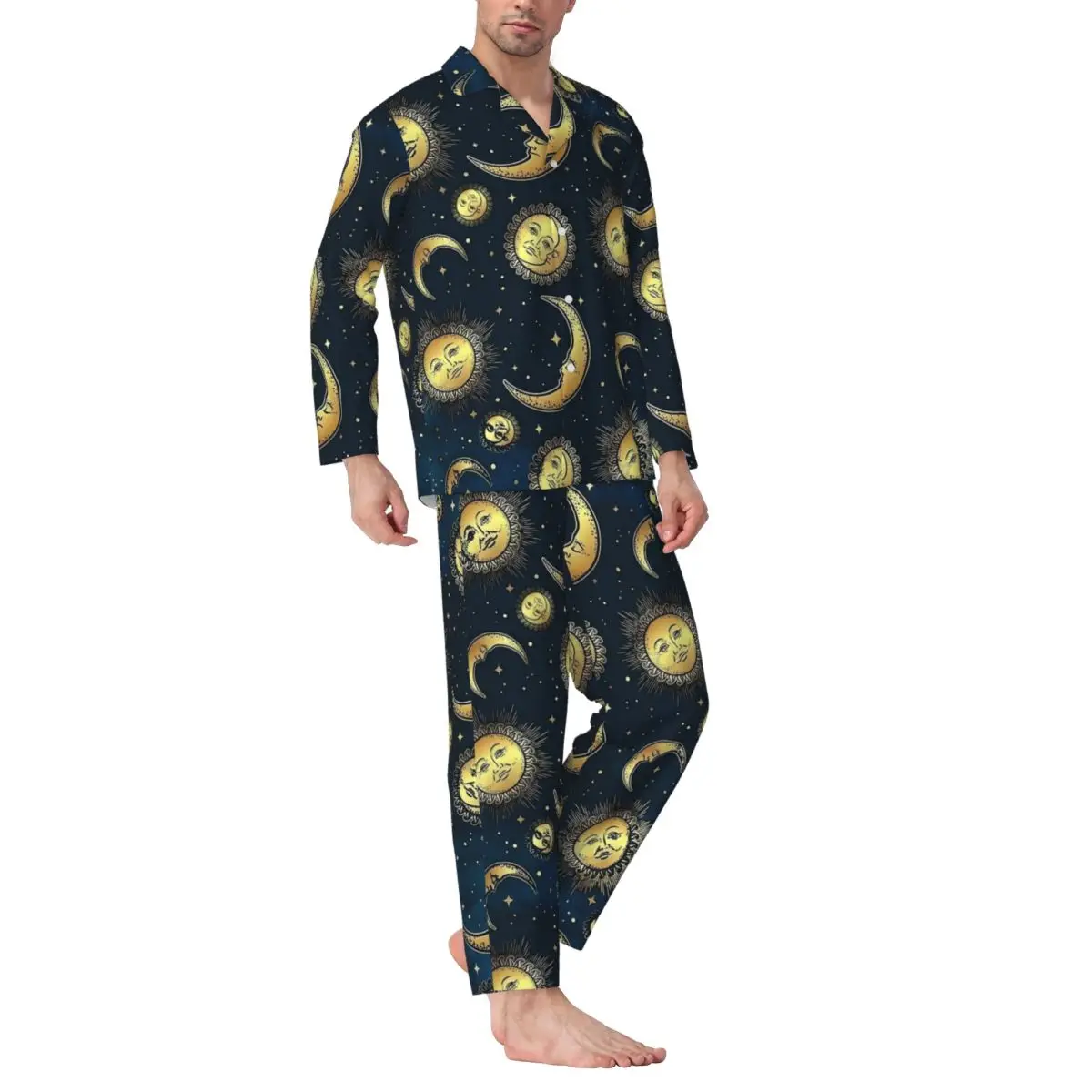 90s Celestial Sun And Moons Sleepwear Autumn Casual Oversized Pajama Sets Men Long Sleeves Romantic Leisure Design Nightwear