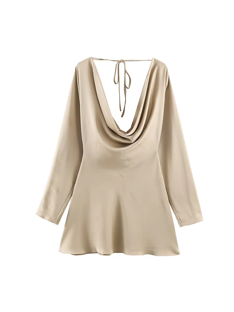 Elegantes Satin-Partykleid für Damen, High Street, langärmelig, Minikleid, Frühling und Herbst, modische Damen-Kleider mit schwingendem Kragen