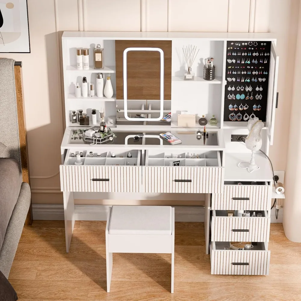 مكتب زينة مكياج مضيء مع أدراج ومرآة وحامل مجفف شعر