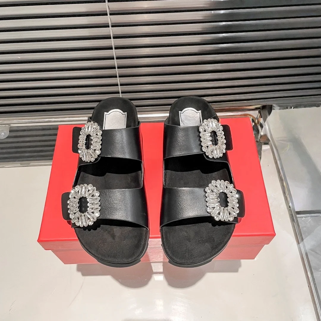 شباشب نسائية صيفية بإبزيم مربع ونعل سميك مع صنادل مسطحة وعصرية، شباشب نسائية من حجر الراين