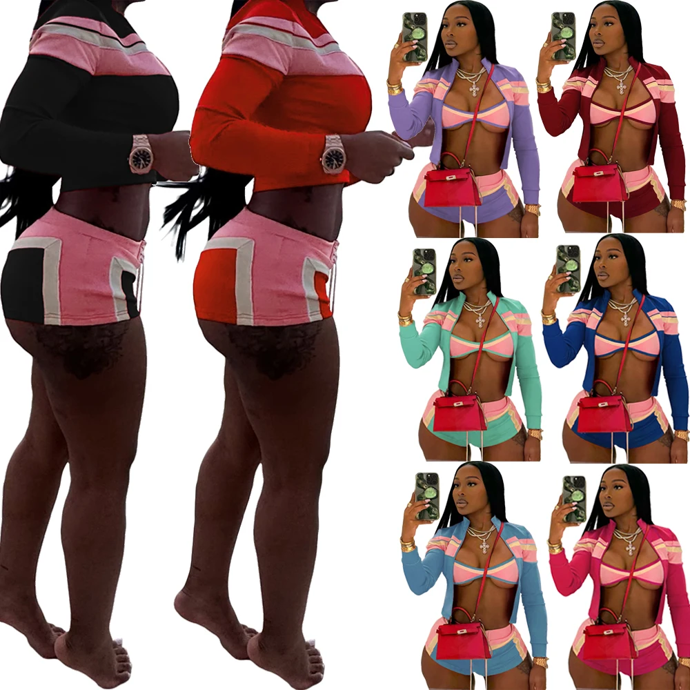 

2025 летний женский комплект из 3 предметов, милая полосатая одежда для дома, спортивный костюм, бюстгальтер на молнии, куртка и шорты, комплекты для женщин, спортивная одежда для бега