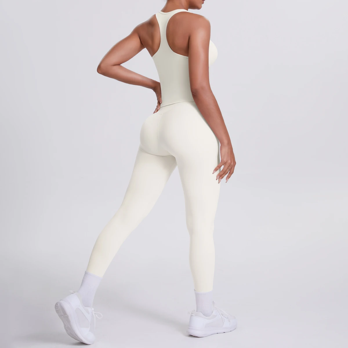 Hamidou 2-teiliges Damen-Yoga-Set, schnell trocknende, hüftformende Fitnesshose, Yoga-Leggings, einfarbig, Gym, schöner Rücken, I-förmige Weste – Detail 30