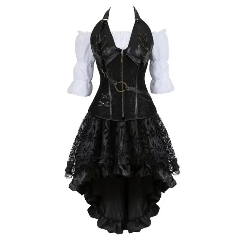 

Gothic Corset Dress Steampunk PU Leather Corset Crop Top Three-Pieces Set Pirate Costume Renaissance Blouse and Burlesque UN3911