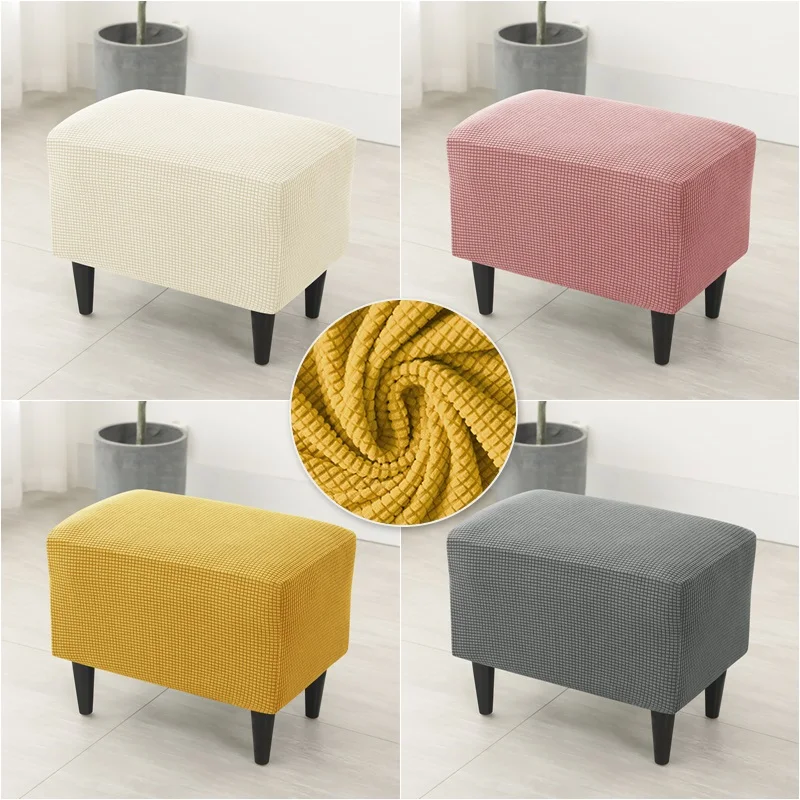 1PC Polar Fleece Ottoman Cover Elastic All-inclusive Footstool Slipcovers Solid Color Footrest Protector Case for Living Room