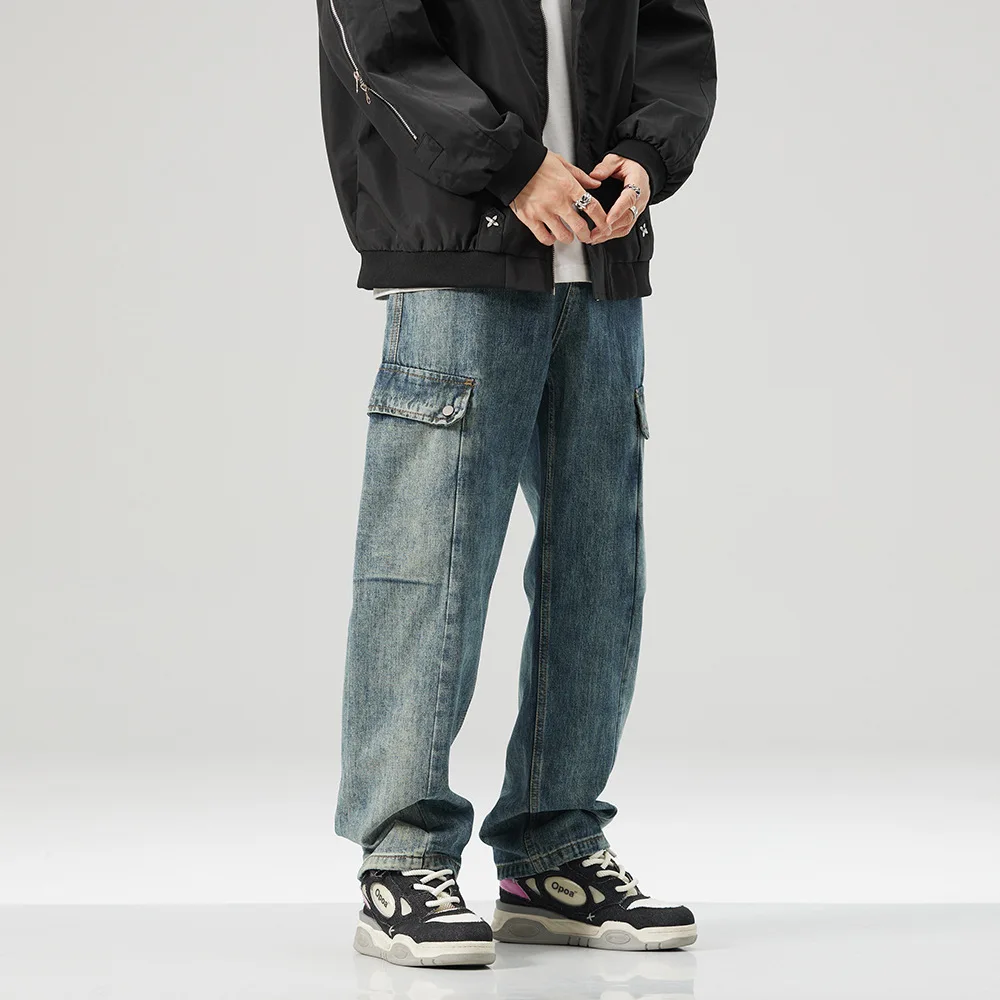 High quality long straight cargo jeans for men plus size cotton denim casual vintage trousers new 2024 clothing - blue