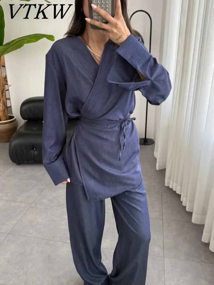 

VTKW V-neck Design 2025 Spring New Style Versatile High-quality Loose Pure-color Women's Blazer And Trousers Set