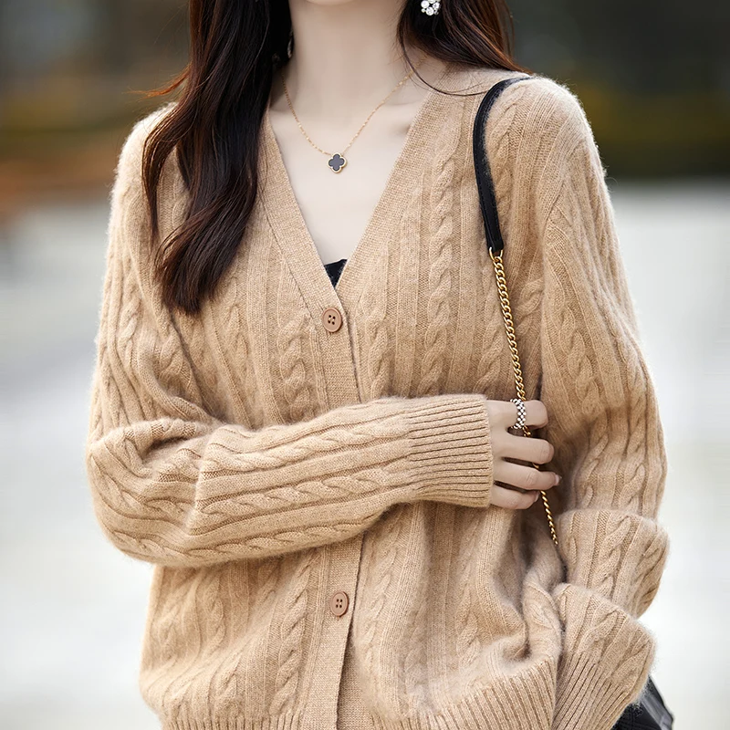 Women's Thick V-Neck 100% Wool Cardigan AutumnWinter Long Sleeved Solid Color Loose And Warm High-Quality Knitted Sweater Jacket