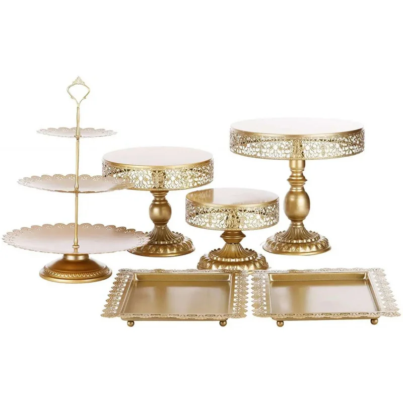 custom.European Golden Hollow Serving Trays Wedding Cake Stand Props Dessert Table Decoration Cake Shop Combina