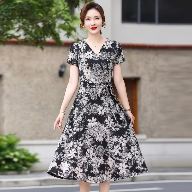 

Women Floral V-Neck Midi Dress Summer Fashion Light Casual Party Vestidos New Korean Elegant Bodycon Office Lady belt Dress