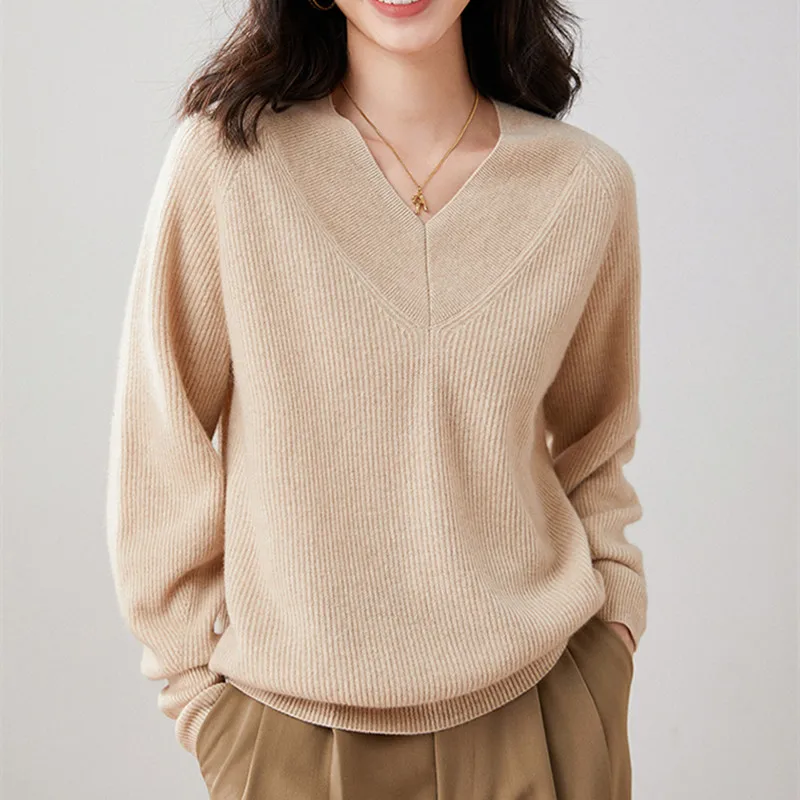 2022 Autumn/Winter Women\'s 100% Pure Cashmere Sweater Knitted Pullovers V-Neck Loose Coat Lady\'s Grade Up Soft Warm Jumper Tops