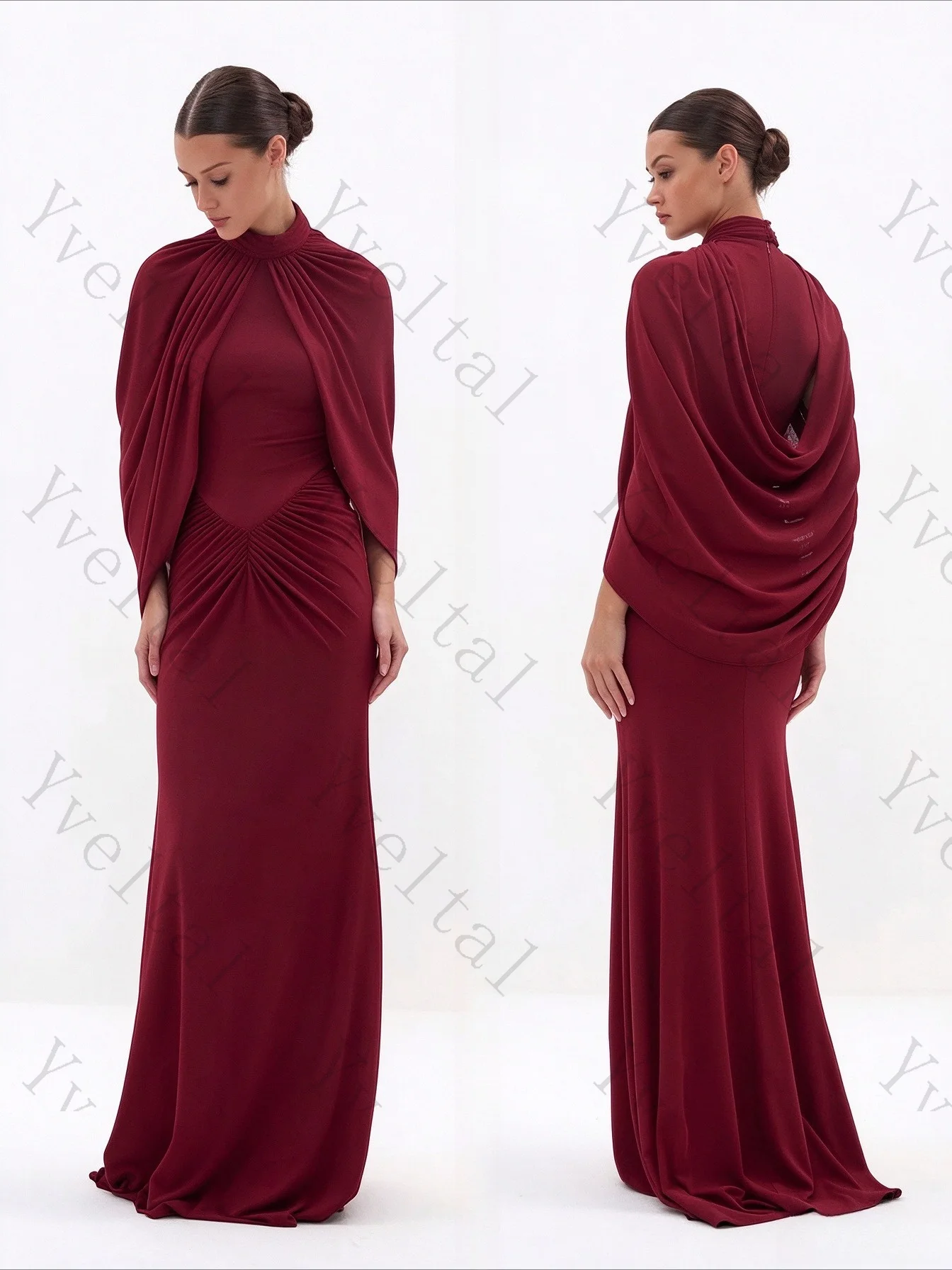 Customized High Neck Draped Evening Gown Front Ruched Mermaid Long Dress Detachable Cape Sleeves for Formal Wedding Guest Party
