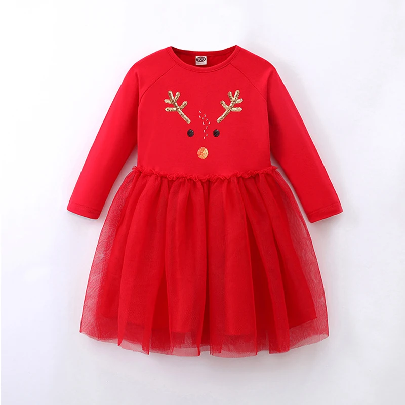 Autumn Winter New Girls Long Sleeves Christmas Princess Dress 3-8Y Kids Cute Cartoon Embroidered Mesh Casual Dress Party Costume