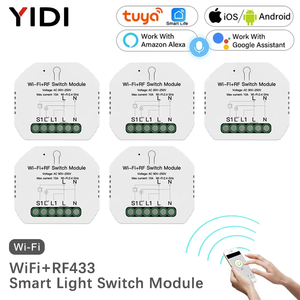 WiFi + RF433 1 Gang 1/2 Way relé inteligente Mini módulo de interruptor DIY, Control remoto por aplicación Smart Life Tuya, funciona con Alexa Google Home