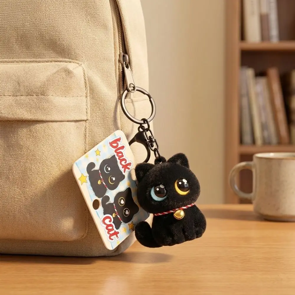 Creative Cartoon Animals Flocking Black Cat Keychain Small with Bell Collar Cat Key Ring Cool Cat Bag Charm Festival