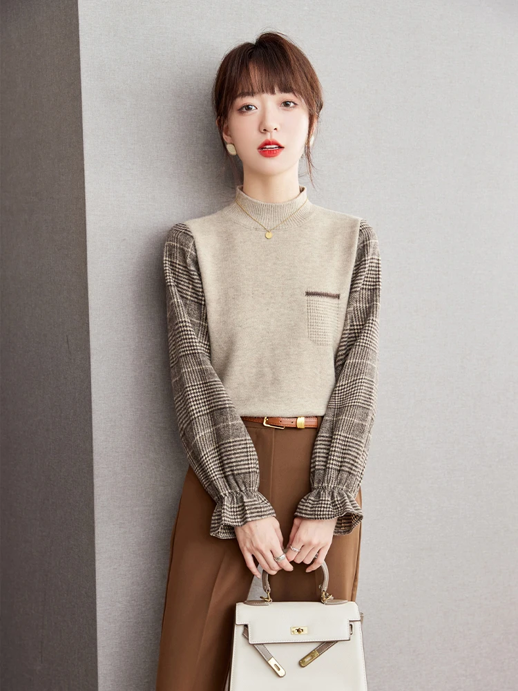 Women Retro Knitted Sweater Korean Fashion Versatile Round Neck Sweater Autumn/Winter Splicing Design Long Sleeved Tops