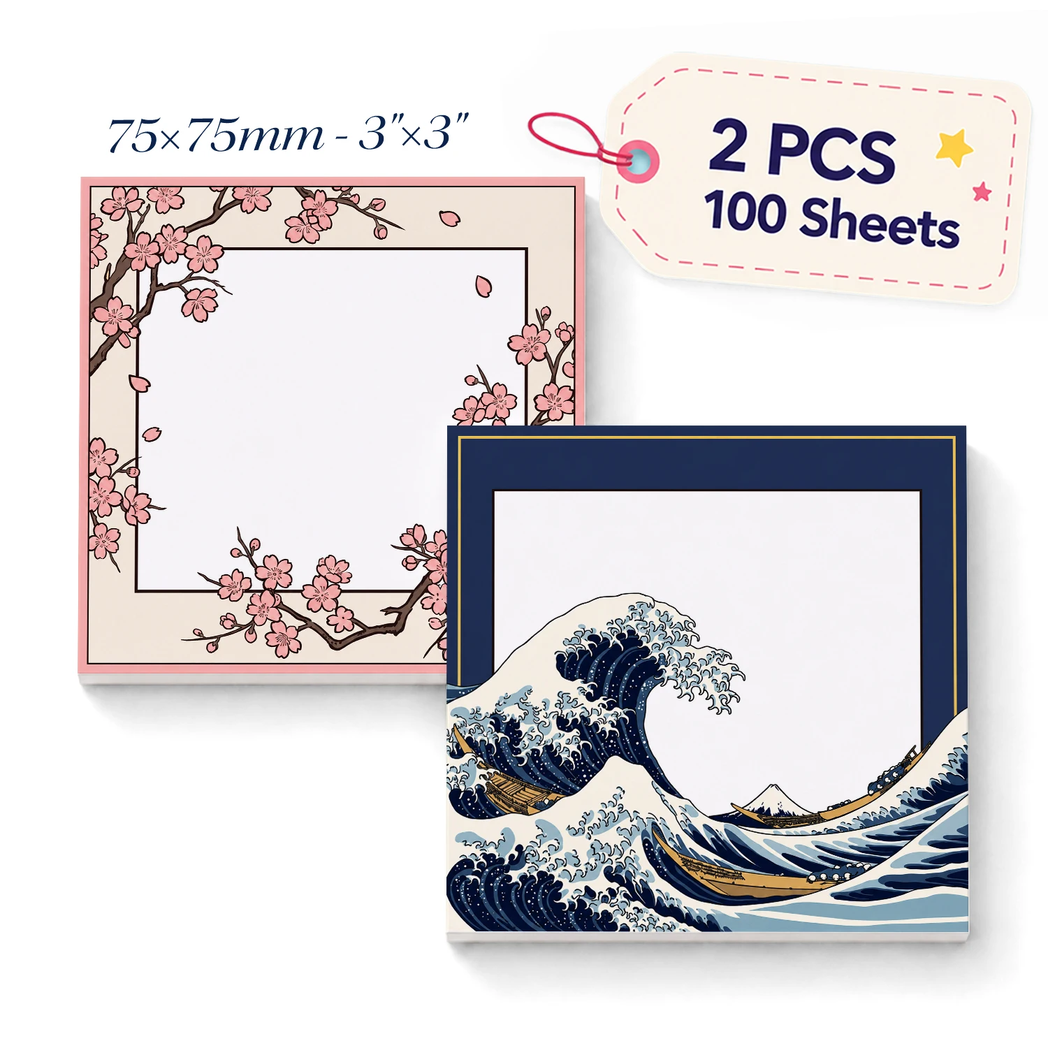 2pcs Japanese Style Sticky Notes, Cherry Blossom and Wave Self Stick Memo Pads, 100 Sheets Total, Art Notepad, Removable Adhesiv