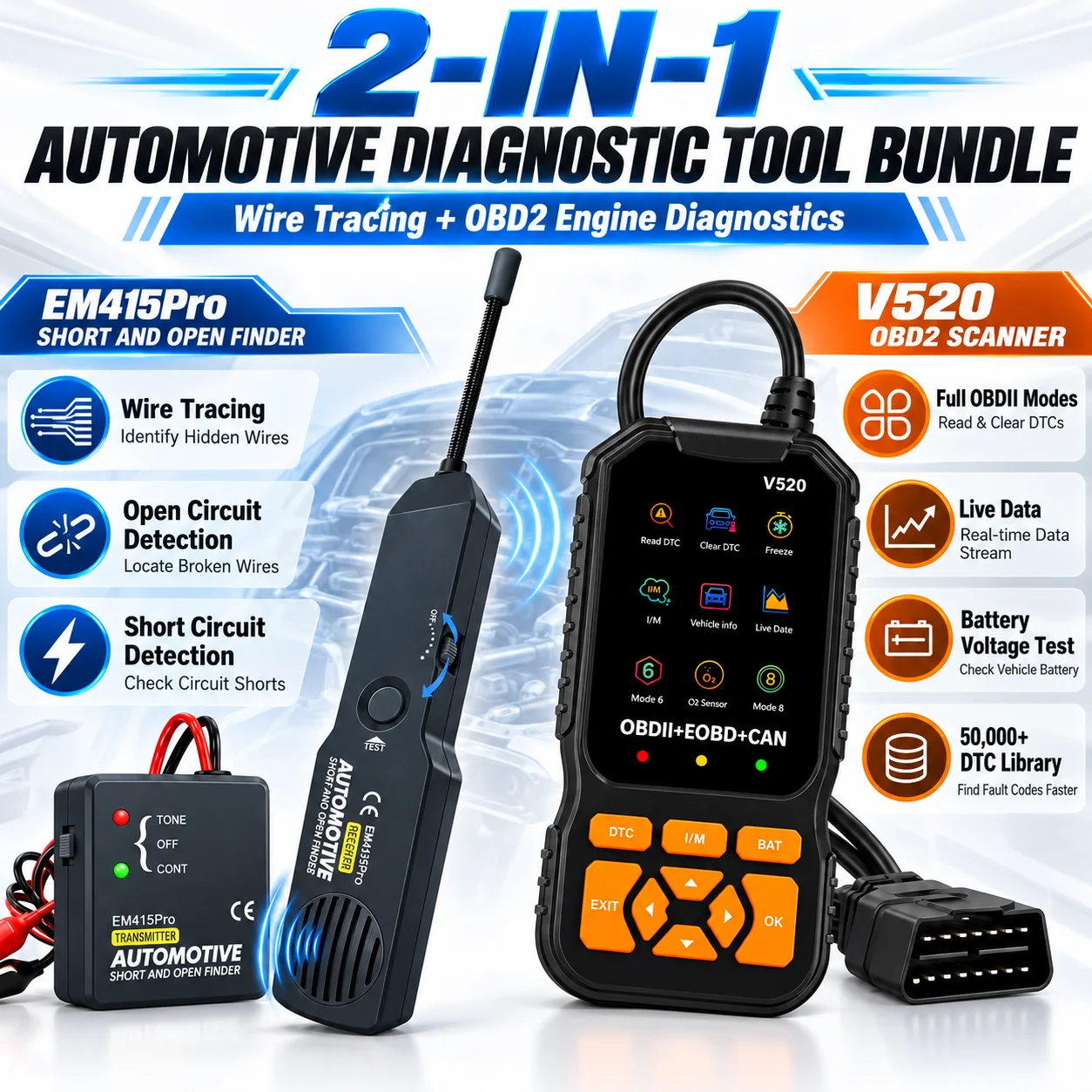 2-in-1 Automotive Diagnostic Kit OBD2 Scanner and EM415Pro Wire Tracer Short Open Circuit Finder Engine Code Reader for Car Repa