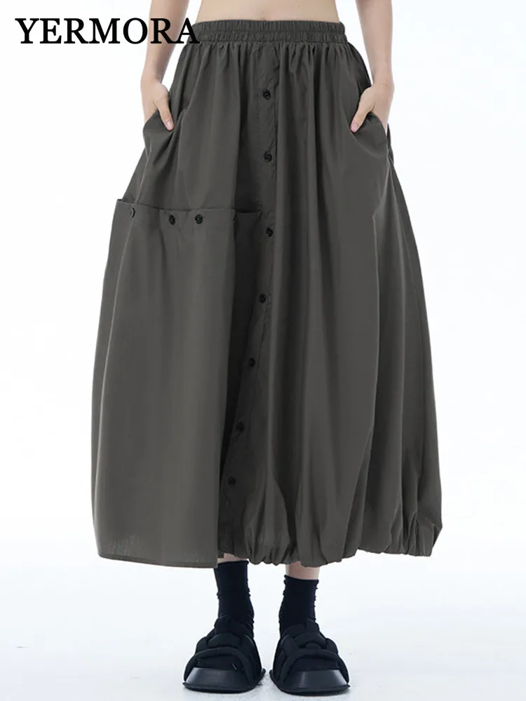 

YERMORA High Elastic Waist Gray Asymmetric Button Casual Half Body Skirt For Women Loose Fashion Tide Srping Summer 2025