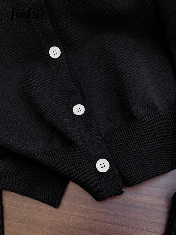 Jielur Black Knitting Loose Sexy Women's Cardigan Office Lady O-neck Single Breasted Chic Solid Color Casual Female Streetwear