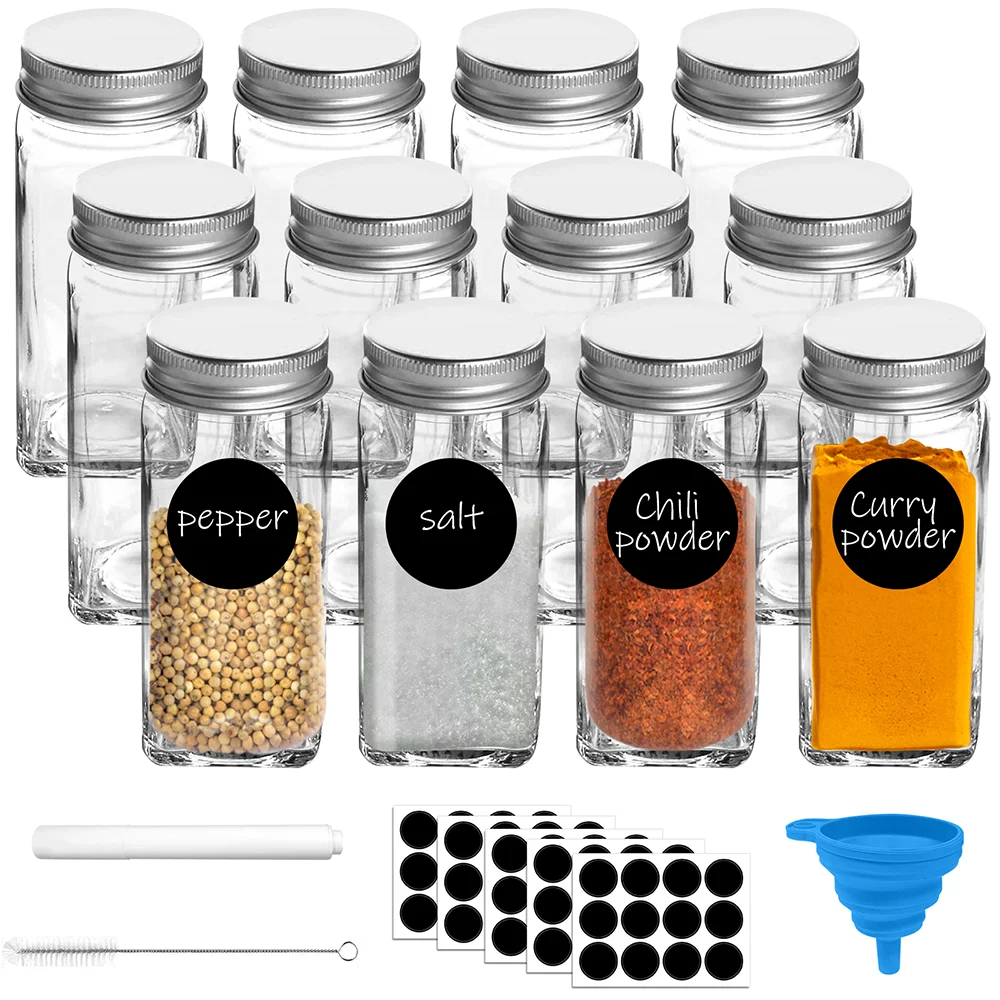 Botella de condimentos de 12 Uds., tarro de especias de plástico transparente, contenedor de botella de almacenamiento de sal y pimienta con embudo, herramienta de utensilio de cocina