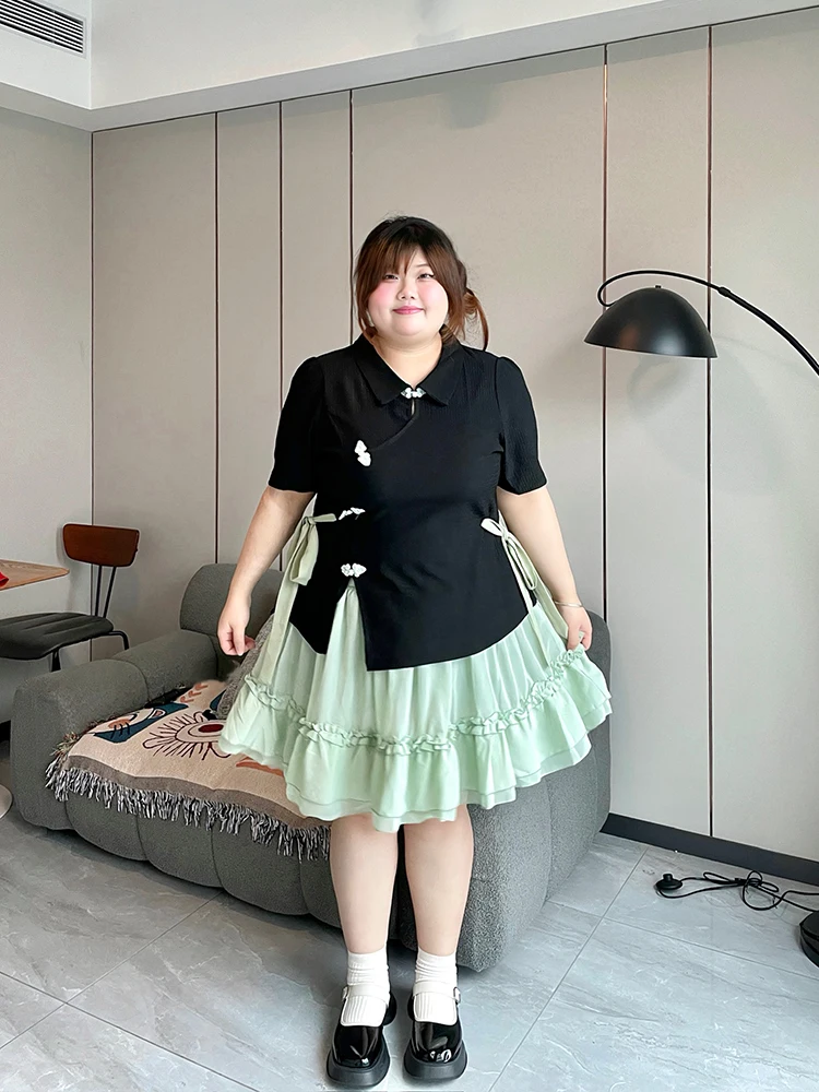 

plus Size New Chinese Style Set Summer Slim Fit High Waist Short Sleeve Knot Waist Cinching 300 Pounds Traditional ...