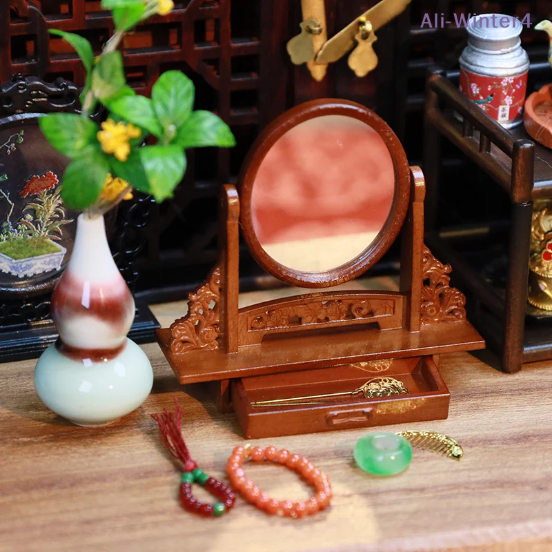 

【Winter4】1set Dollhouse Miniature Wooden Vanity Table + Jewelry Set With Mirror Makeup Dressing Table For Bedroom