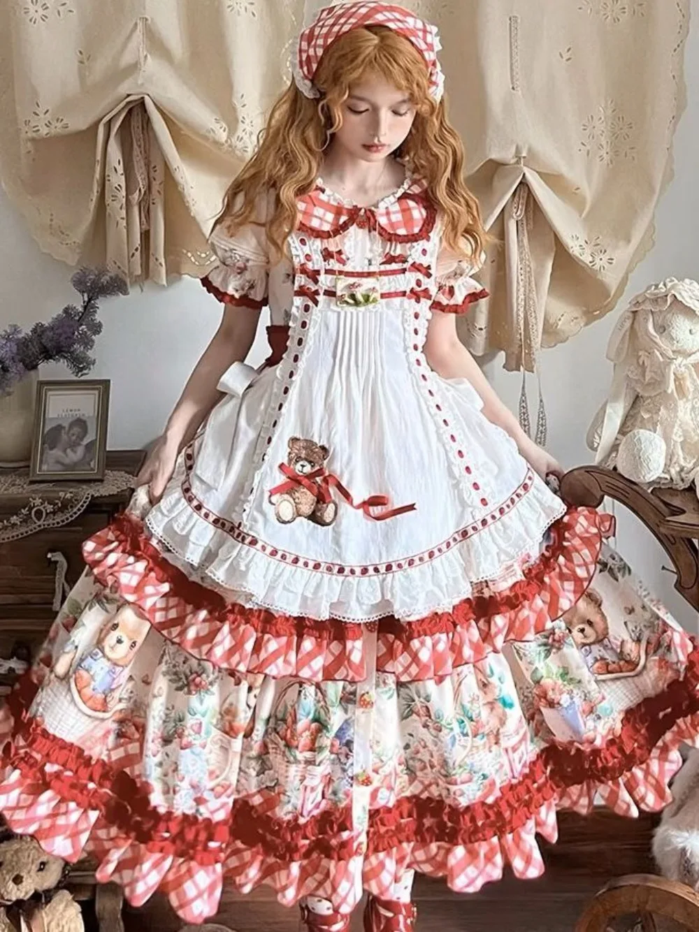 

Japanese Sweet Lolita OP Dress Women Pastoral Style Elegant Strawberry Printed Kawaii Doll Collar Short Sleeve Princess Dresses