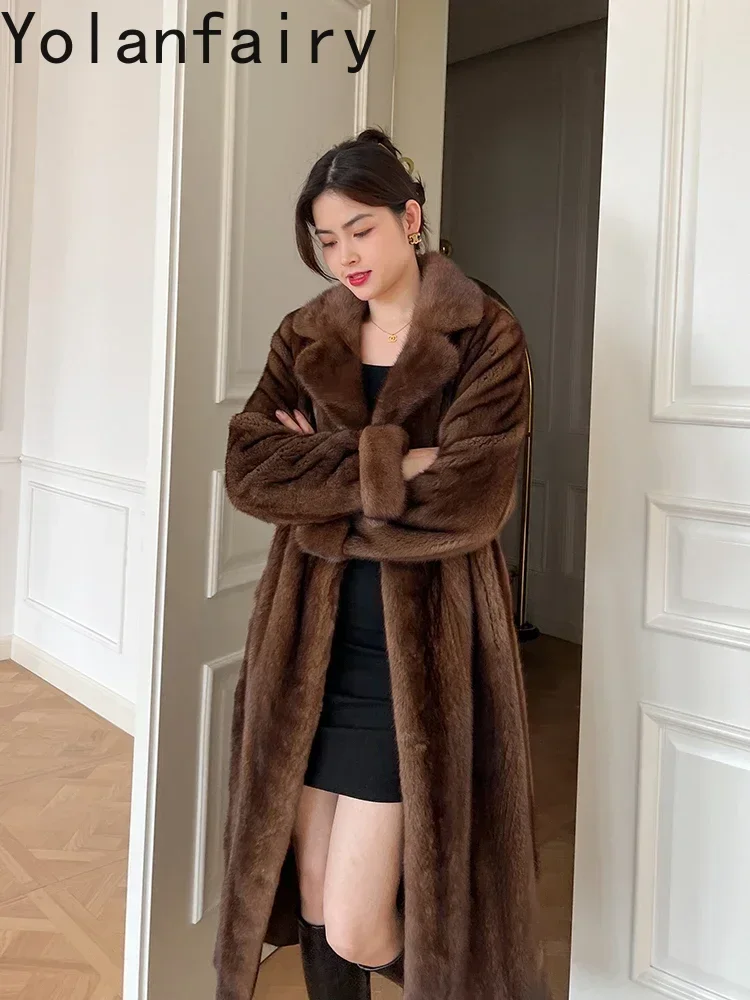 YOLANFAIRY معطف الشتاء الفراء الحقيقي المرأة دعوى طوق المخملية معاطف فرو المنك الكامل للنساء سترات طويلة من الفرو كم سحب الدانتيل يصل