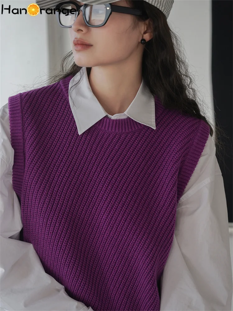 HanOrange 2024 Spring Autumn Retro Knit Vest Women Loose Silhouette Layered Casual Vest Female Gray/Purple