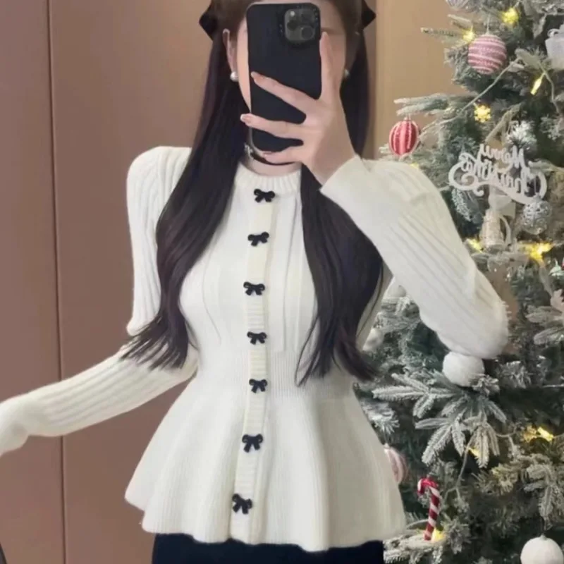 DAYIFUN Bow Slim Fit Women's Sweaters Long Sleeve Waist Cinch Lady's Fashion Knitted Sweater Solid Color Versatile Pullover Tops