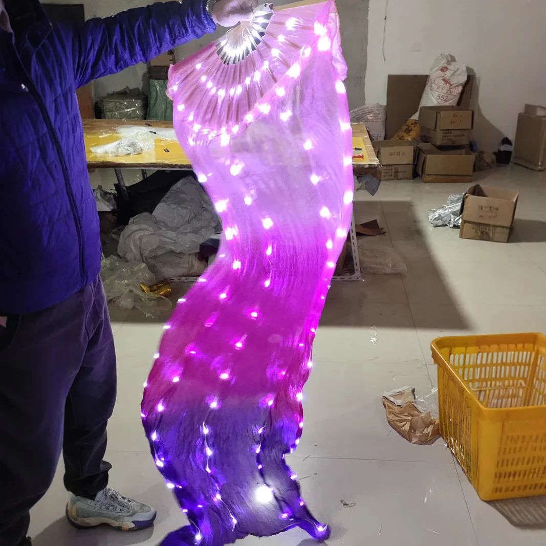 New Adult LED Light up Fan Pink Rose Purple Gradient Soft Silk Dance Fan Rechargeable Belly Dance Accessories Dancer Party Props