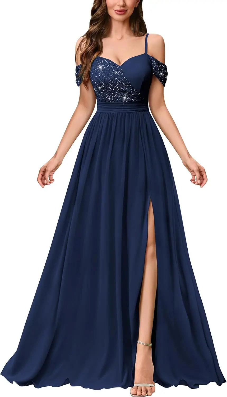 Vestido largo de boda con tirantes finos divididos y lentejuelas elegantes con hombros descubiertos para mujer vestido Formal elegante para mujer