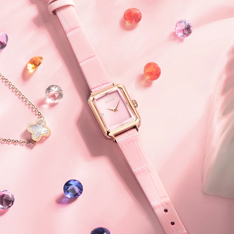 DOM 1370 Women's Square Quartz Watch Pink Fashion Elegant Simple Diamond Pointer Stainless Wristwatches for Ladies Watches