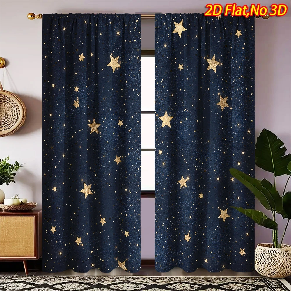 

2D Flat Print Gold Starry Night Curtains Polyester Machine Washable Bedroom Living Room Kitchen Modern Cosmic Decor Drapes