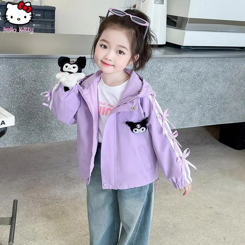 

Куртка с капюшоном и бантом Kuromi для девочек с героями мультфильмов, кавайный весенне-осенний кардиган в стиле аниме, студенческая новая куртка Sanrio, модные милые топы