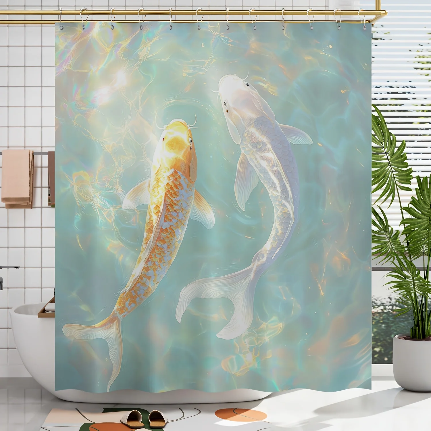 

1pc Spring & Summer Koi Fish Pattern Digital Print Shower Curtain, Bathroom Decoration Home Decor, Comes with Hooks, Machine Was