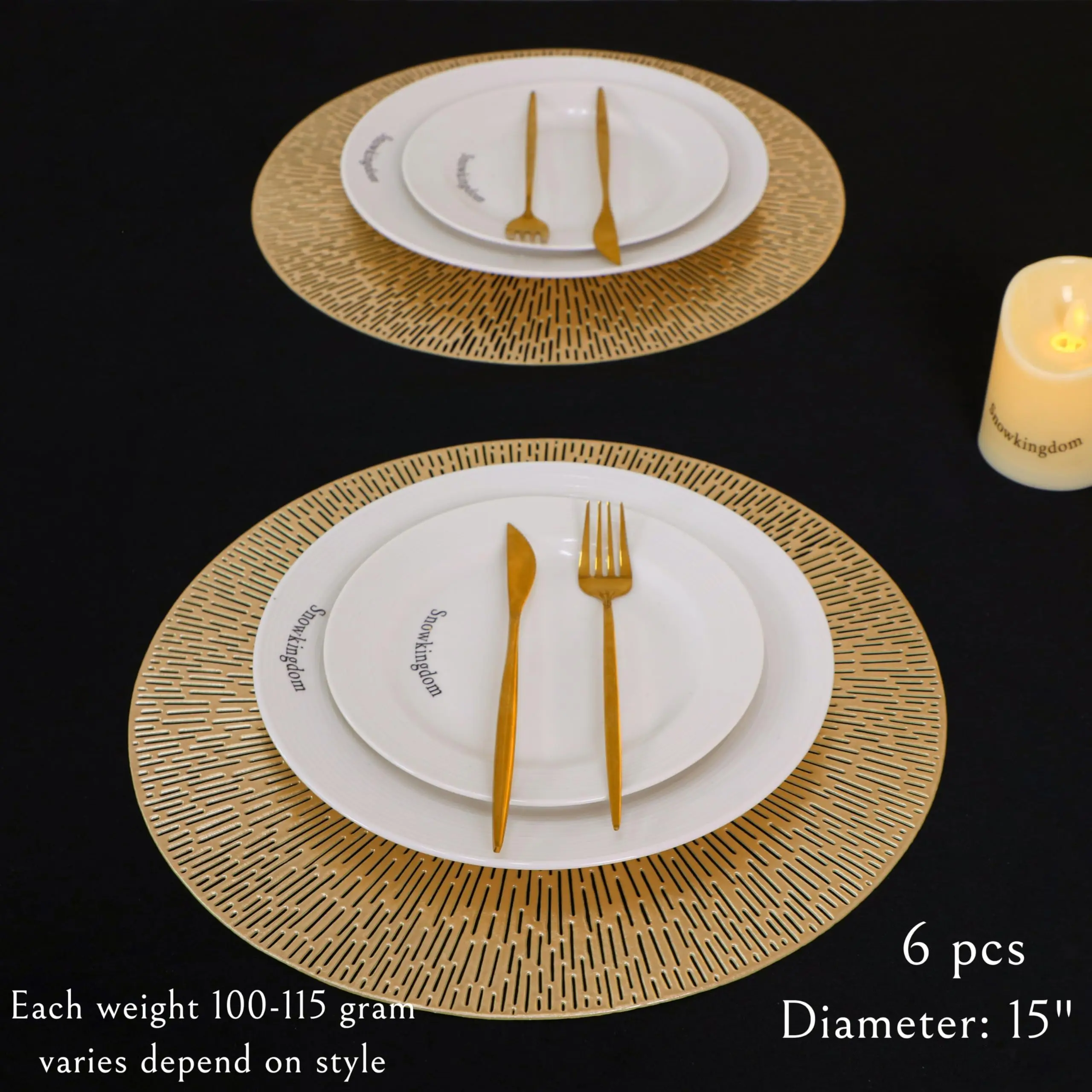 Snowkingdom Gold Placemats Set of 18, 15 Inch Round Vinyl Metallic Place mats, Golden Washable Easy Clean Wipeable Non Slip Stain Resistant Kitchen Dining Table Mats for Halloween Party Decoration