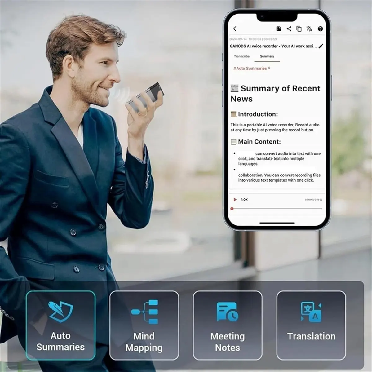 مسجل صوت AI، مسجل صوت رقمي 64 جيجابايت، التحكم في التطبيقات مع النسخ، 138 لغة، جهاز تسجيل احترافي #1