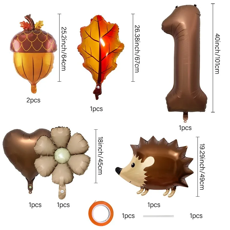 9Pcs Fall Woodland Birthday Foil Balloons Set, Hedgehog Acorn Maple Leaf Number Balloon for Autumn Baby Shower Party Decor