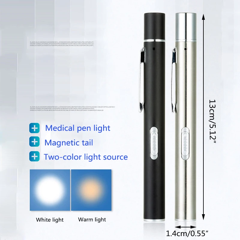 USB Rechargeable Medical Handy Pen Light Mini Nursing Dentist LED Flashlight Stainless Steel Clip Pocket Dual Light Torch Lamp