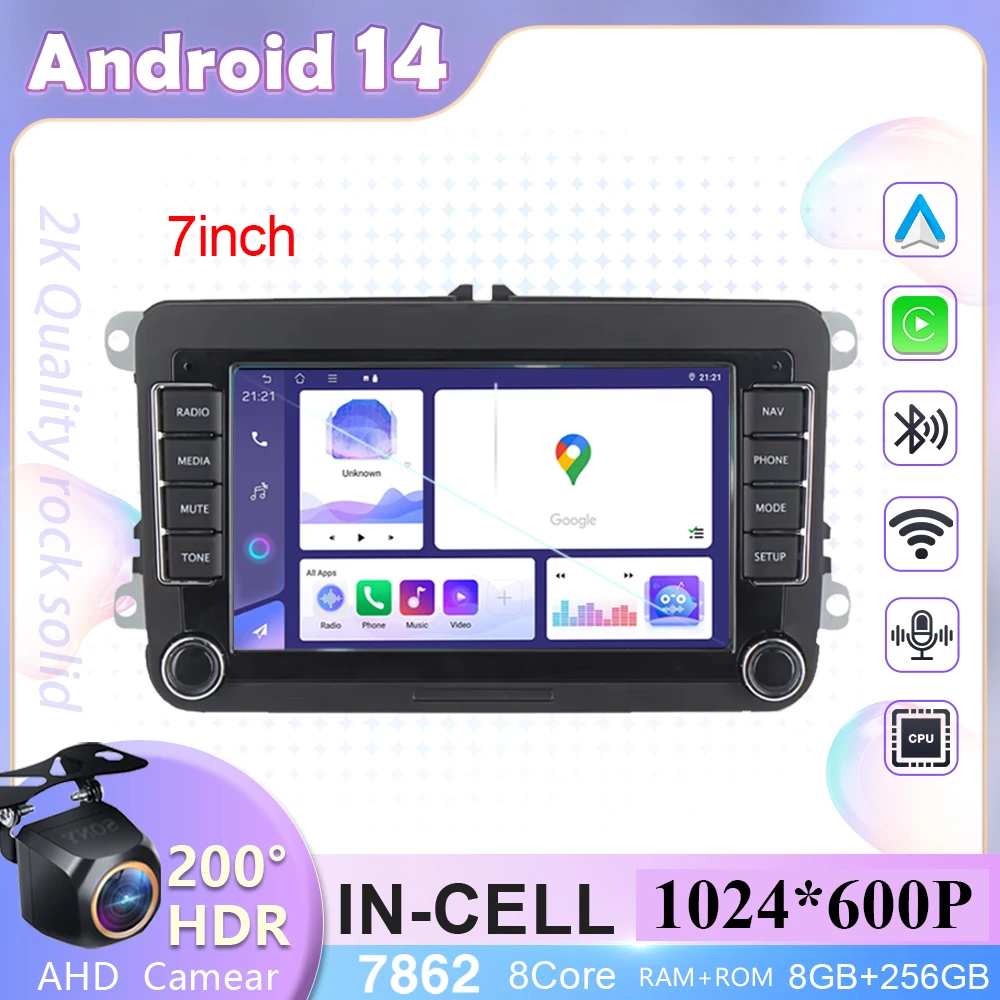 

7 inch Android 14 For VW Passat golf Polo Jetta Skoda Car Head Unit Multimedia Player Radio Wireless Carplay 5G WIFI Smart DVD