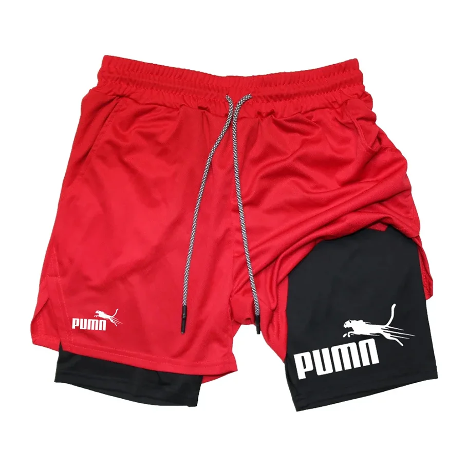 Men's Breathable Two-in-One Shorts, Double Layer Elastic Compression Shorts, Quick Drying, M-3XL