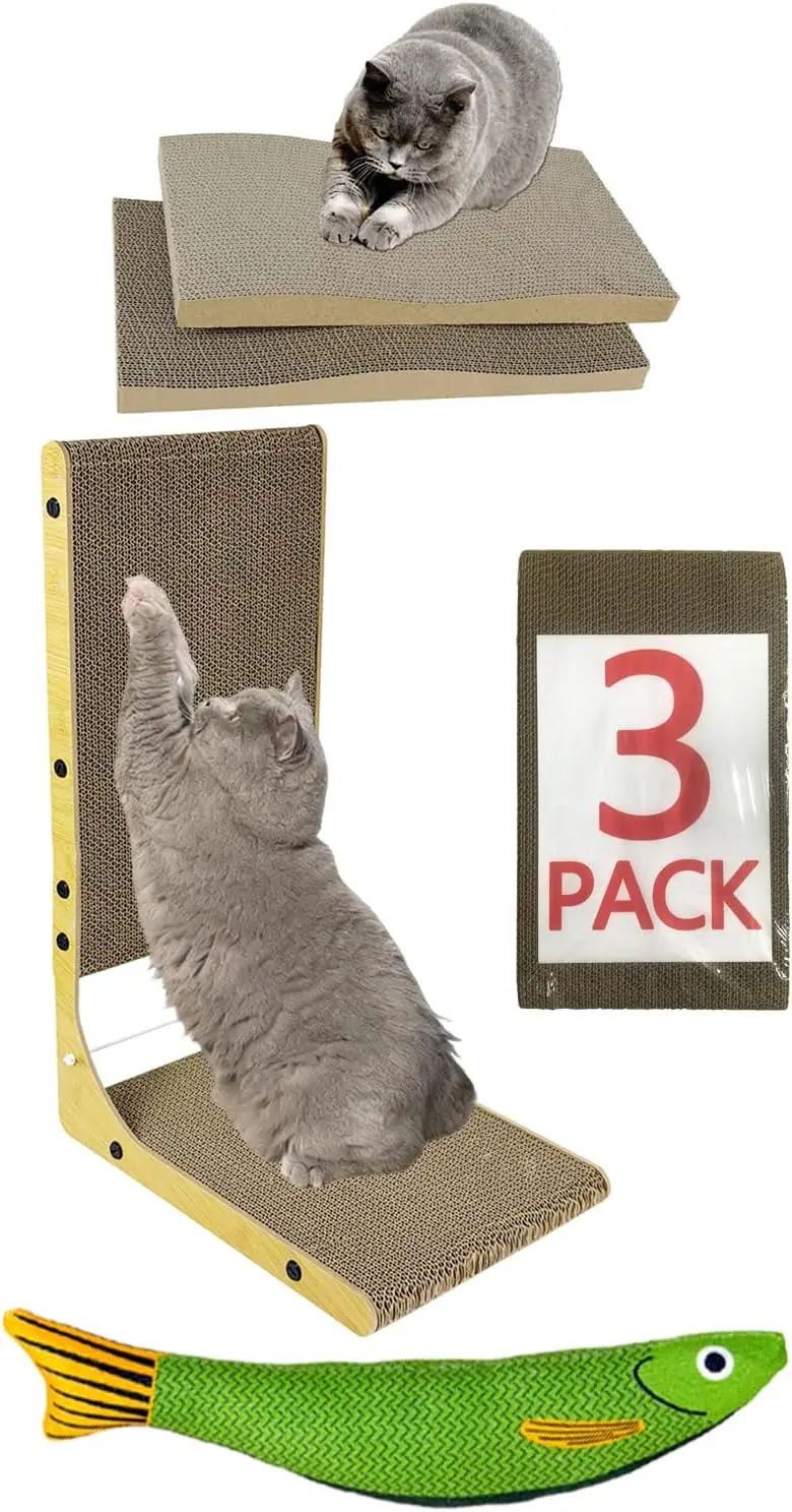 

3-Pack Cardboard cat Scratcher,L Shape Cat Scratch Pad Wall Mounted, Cat Scratching Cardboard with Ball Toy for Indoo