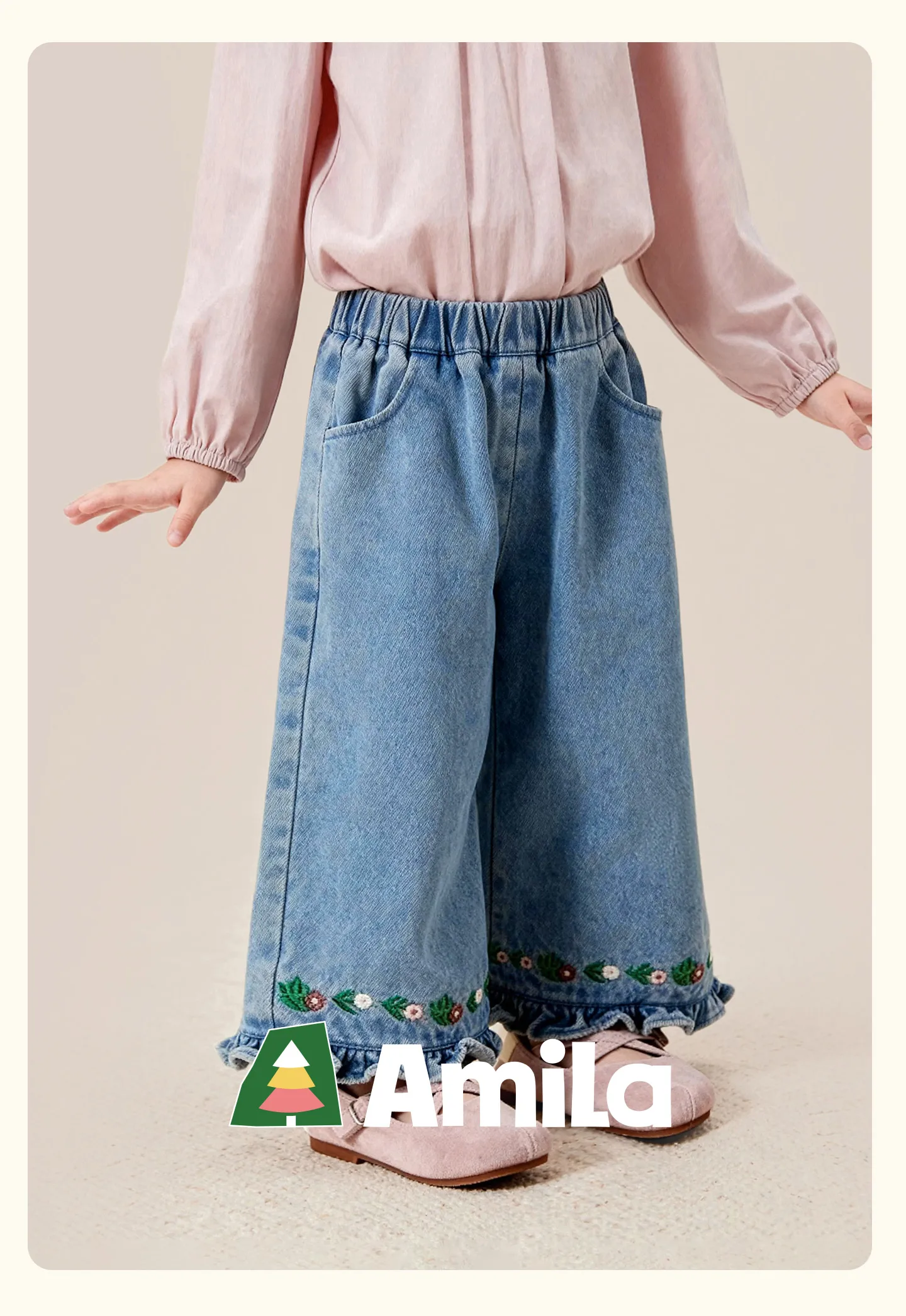 Amila 2026 Herbst Neue Kinderjeans aus reiner Baumwolle, gewaschen, Vintage, weites Bein, modisch, lässig, bequem, weiche lange Hose für den täglichen Gebrauch. – Detail 1