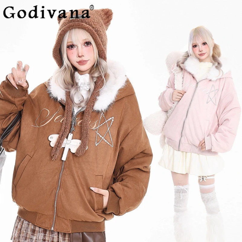 Y2K الفتيات الأرنب الأذن مقنعين سترات النساء الشتاء فضفاضة سميكة مبطن سترة قطن الإناث النمط الياباني معطف القطن الدافئ