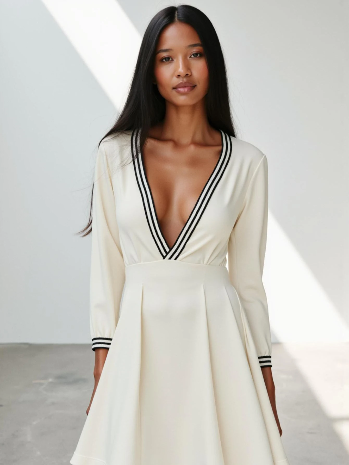 Damska sukienka z długim rękawem, jesienna, z głębokim dekoltem w serek, patchworkowa, podkreślająca talię, rozkloszowana mini sukienka, elegancka, podstawowa moda.