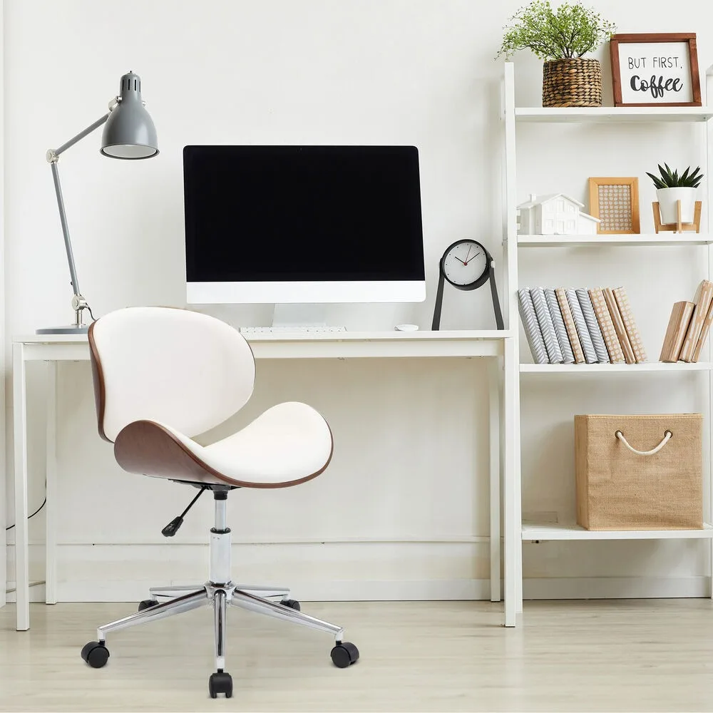 Modern Upholstered Leather Chrome Metal Base Swivel Office Desk Chair, White