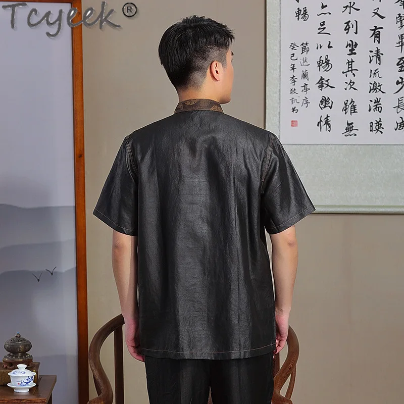 Tcyeek-camisa de manga curta estilo chinês para homens, 100% seda amoreira, seda real, blusa vintage, roupas de verão, 2024