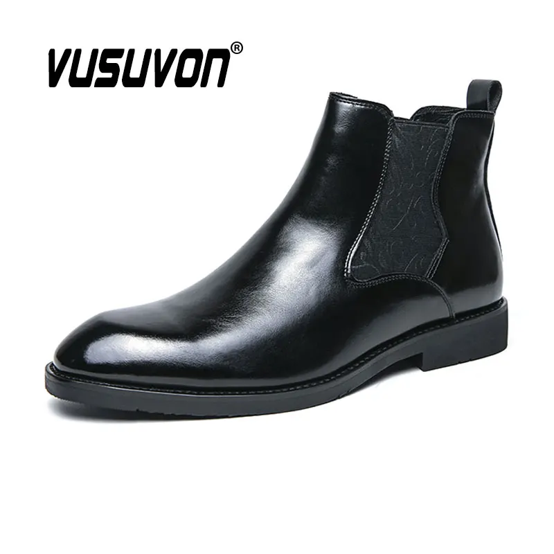 Men Chelsea Boots Winter Split Leather Size 38-46 Slip-On Formal Dress Flat Model Fashion Black Shoes