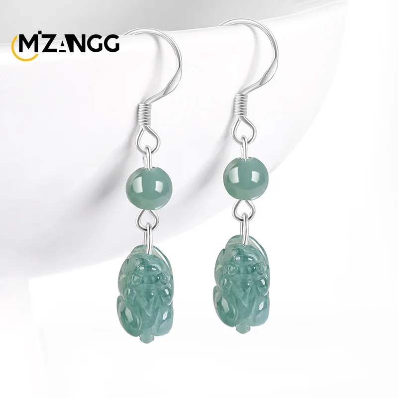 Natural A-goods Jadeite Blue Water Brave Earrings S925 Silver Simple Fashion Ice Jade Earrings Wedding Souvenirs Ladies Gift